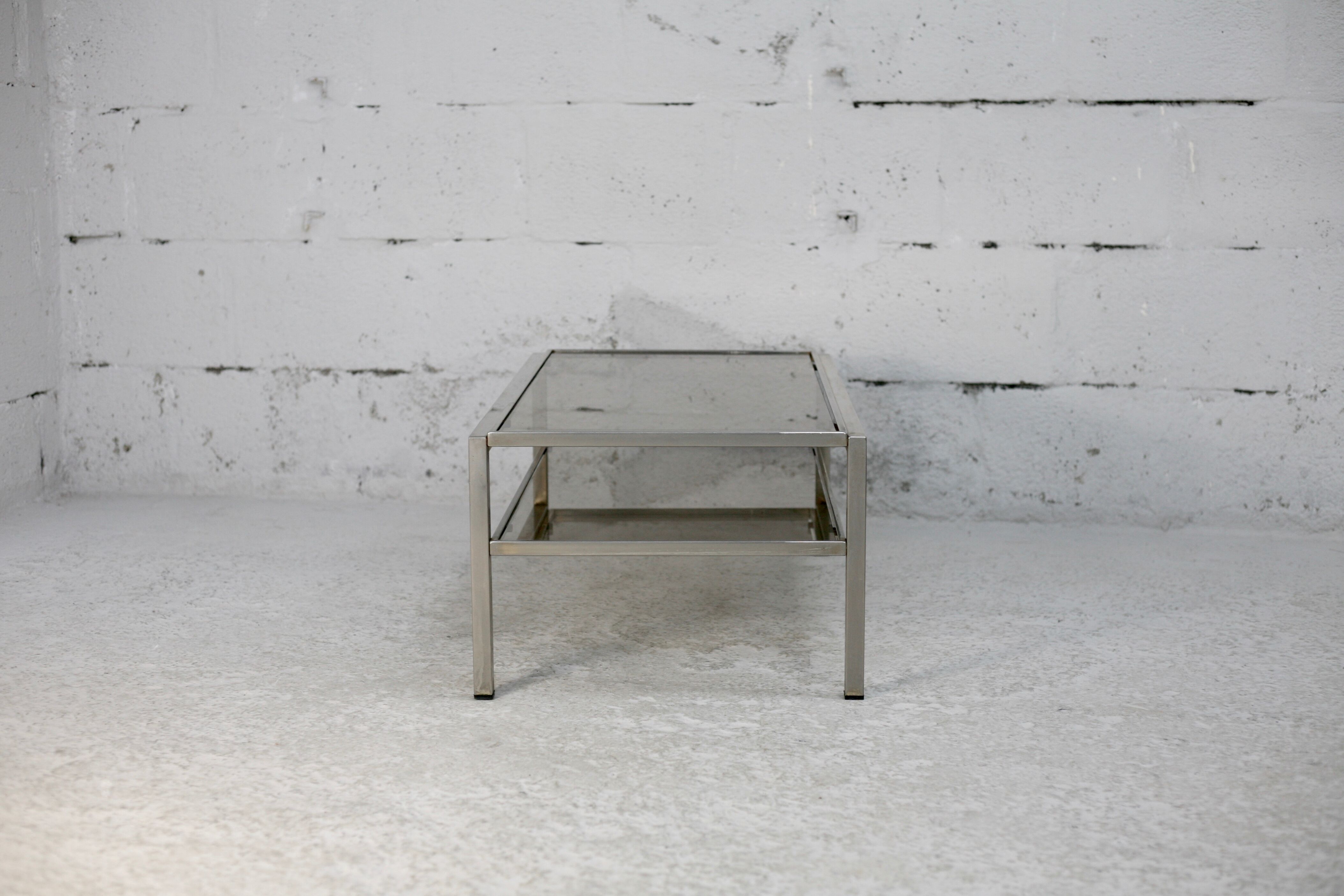 Double coffee table trays smoked glass steel. France, circa 1970