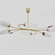 Antique chandelier with 6 branches, 2 red arrows, brass and diamond glass tubes. 70s