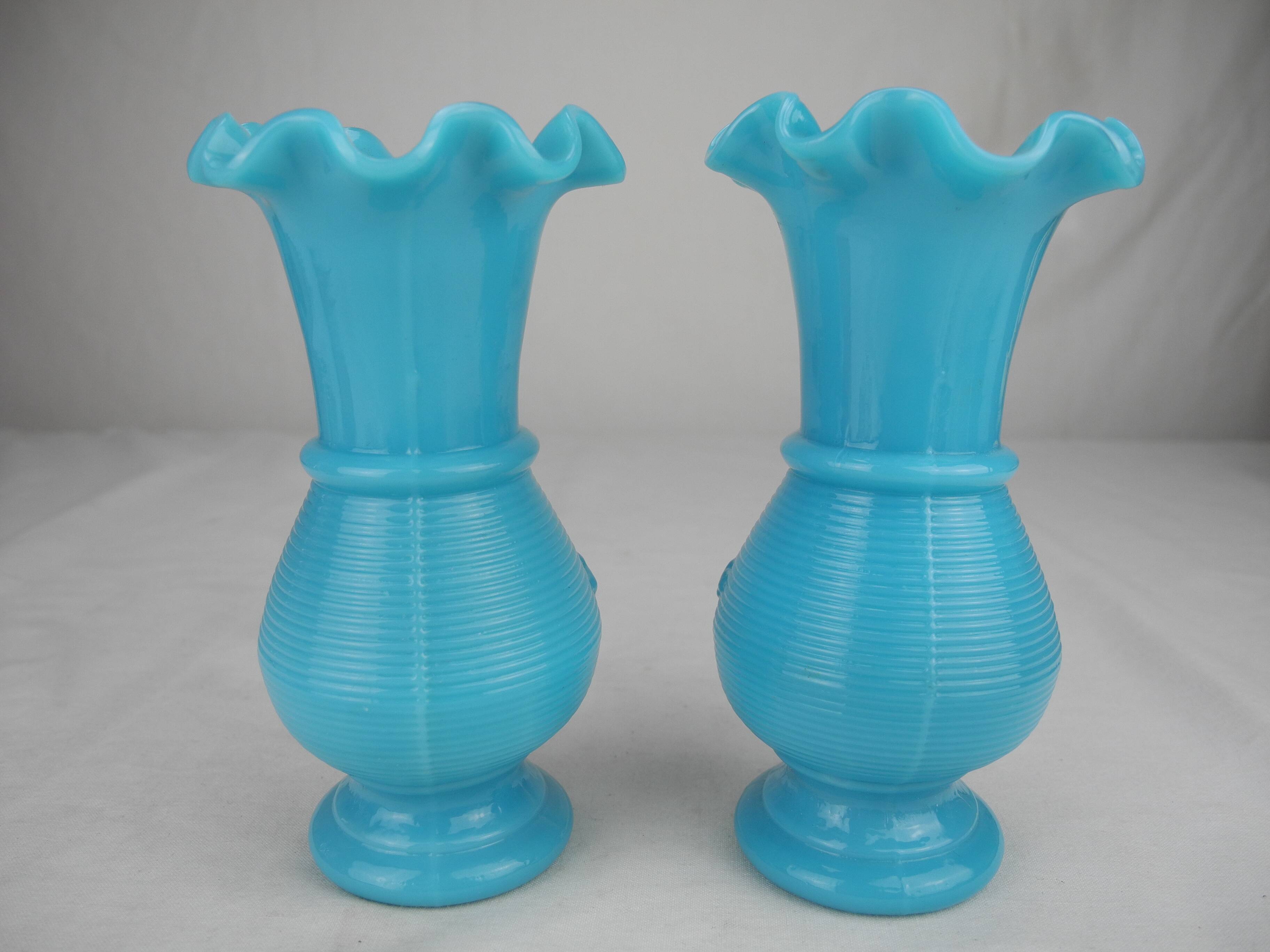 pair of small old blue opaline vases, shabby kitsch decor