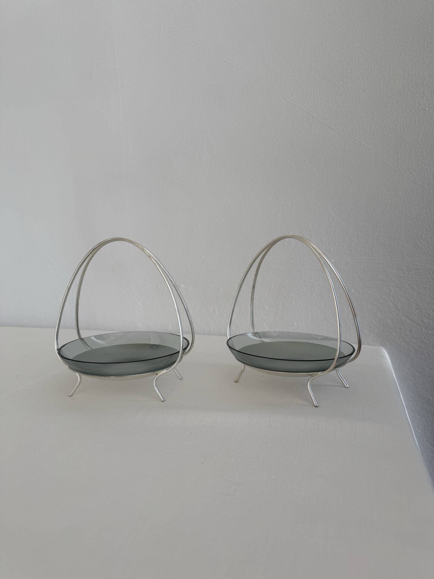 Vintage Pair Of 60’s WMF Silver Plated Serving Dish With Smoked Glass