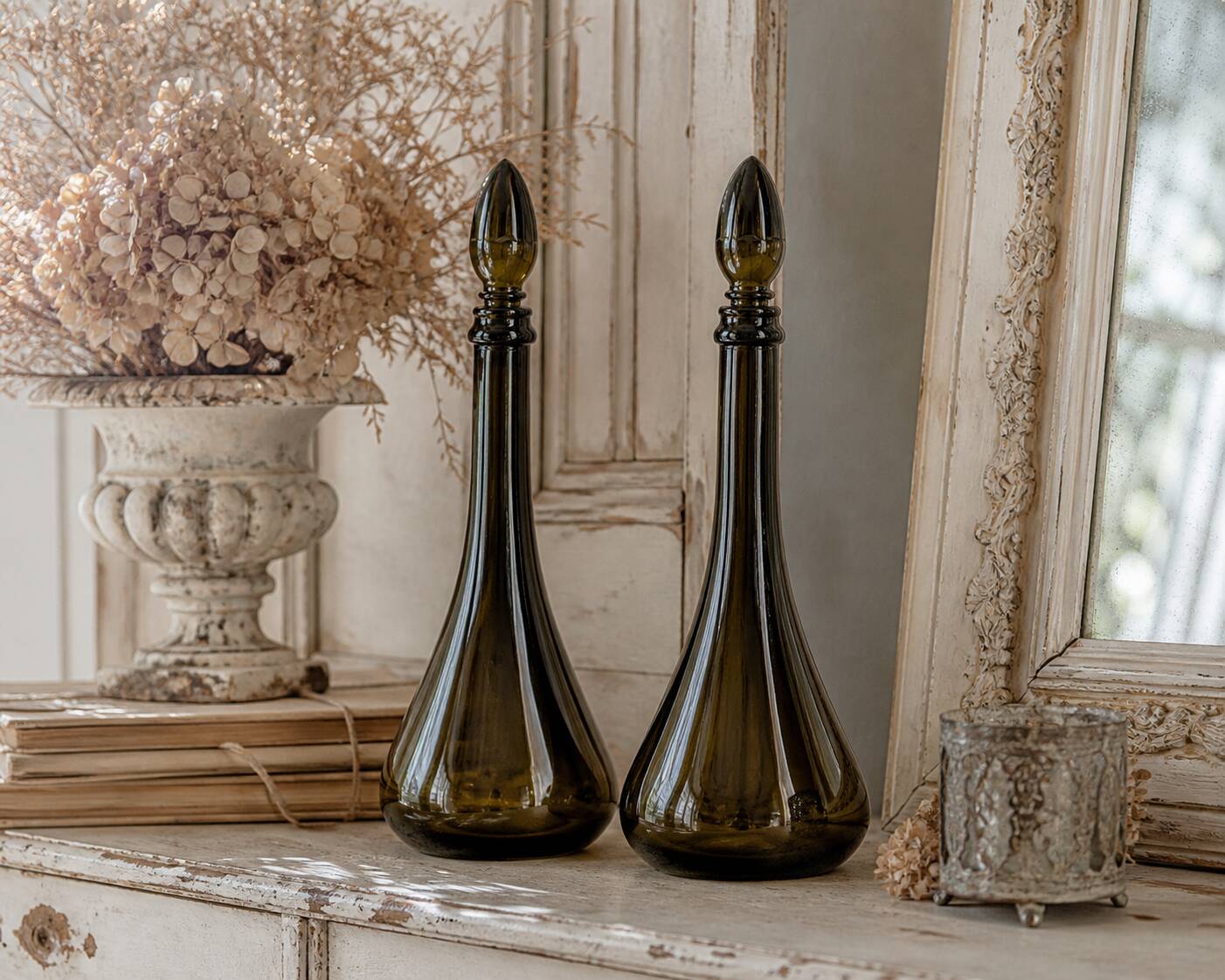 Pair of vintage tinted glass carafes – elegant silhouette – May spirit