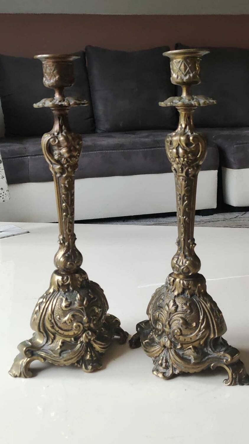 Pair of Antique Flambeaux Candlesticks/Baroque Style, Rocaille. In gilded bronze. 19th century