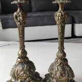 Pair of Antique Flambeaux Candlesticks/Baroque Style, Rocaille. In gilded bronze. 19th century