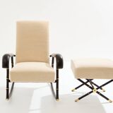 Jacques Adnet Rocking chair and ottoman in leather and mohair velvet 1950