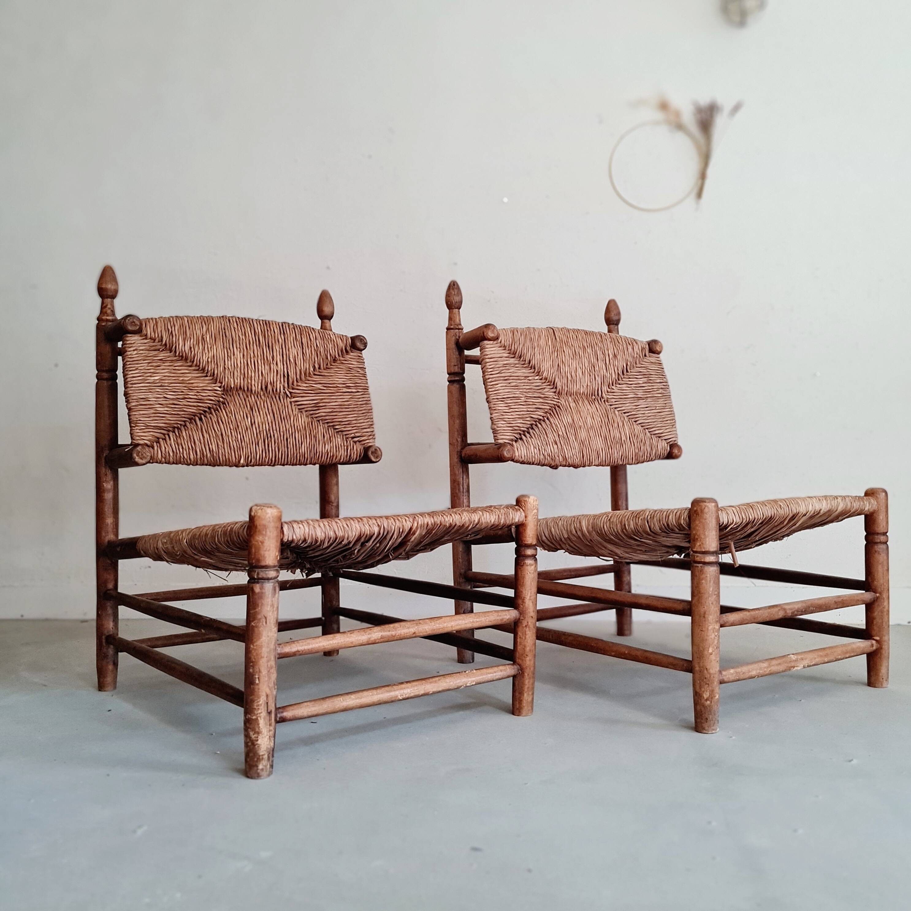 Paire fauteuils en bois et paille