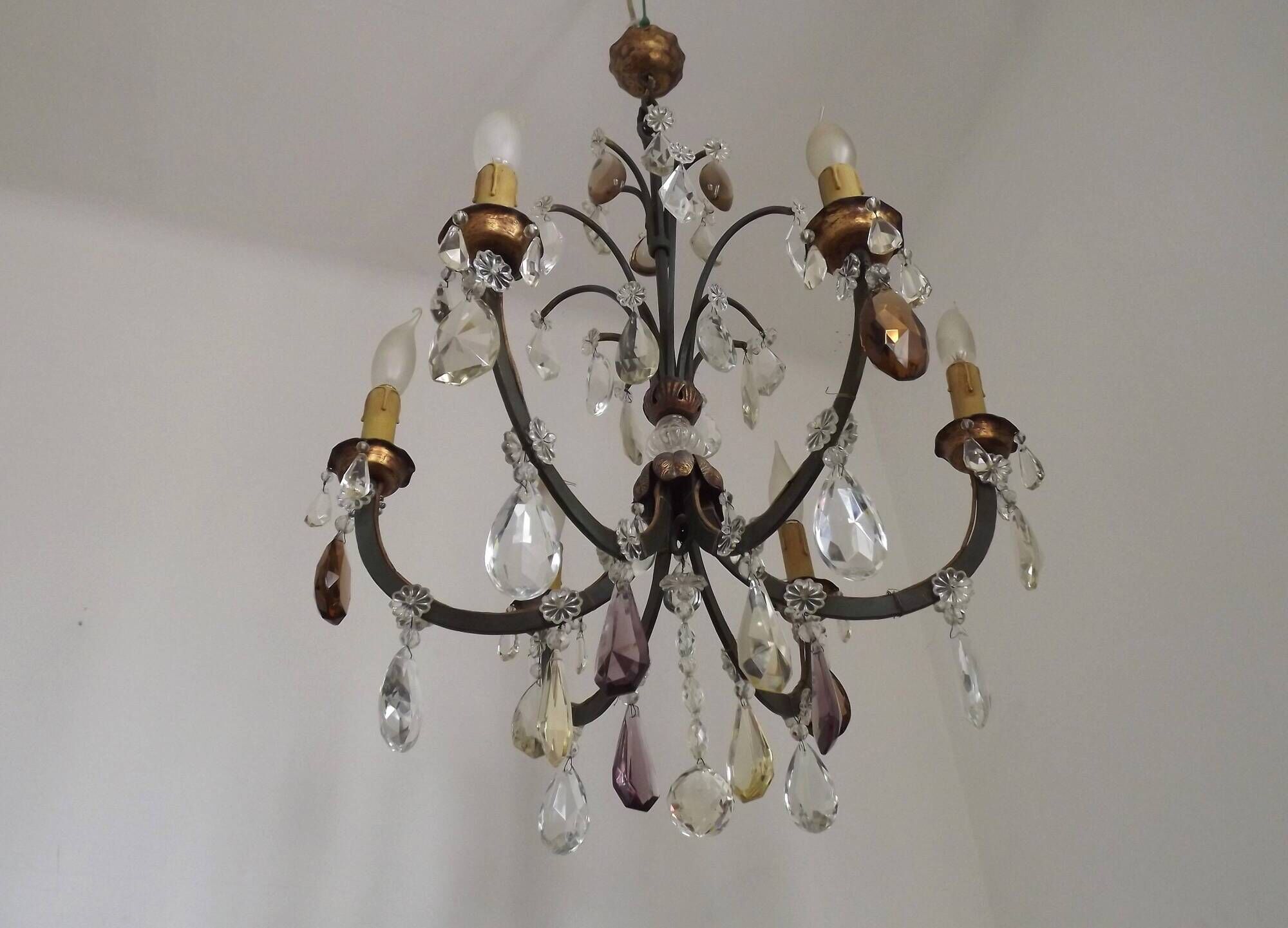 French Art Deco 6-Light Green Finish Bronze Crystal & Glass Chandelier 5343