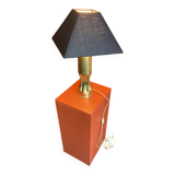 Brass shell socket lamp from the 1st WW, black pyramidal lampshade in Carlucci linen.