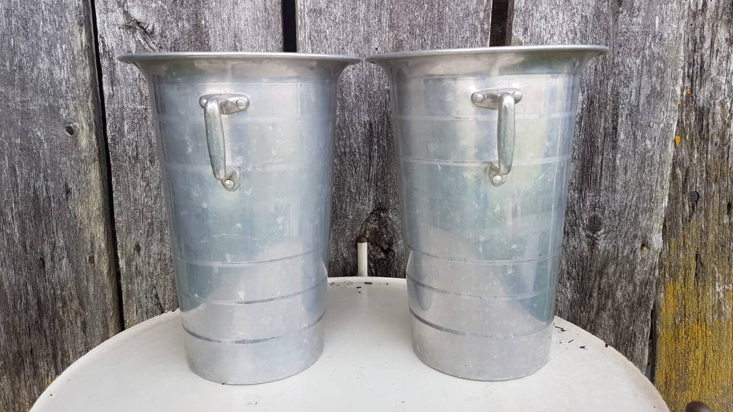 Old pair of aluminum champagne buckets vintage kitchen utensil #a682