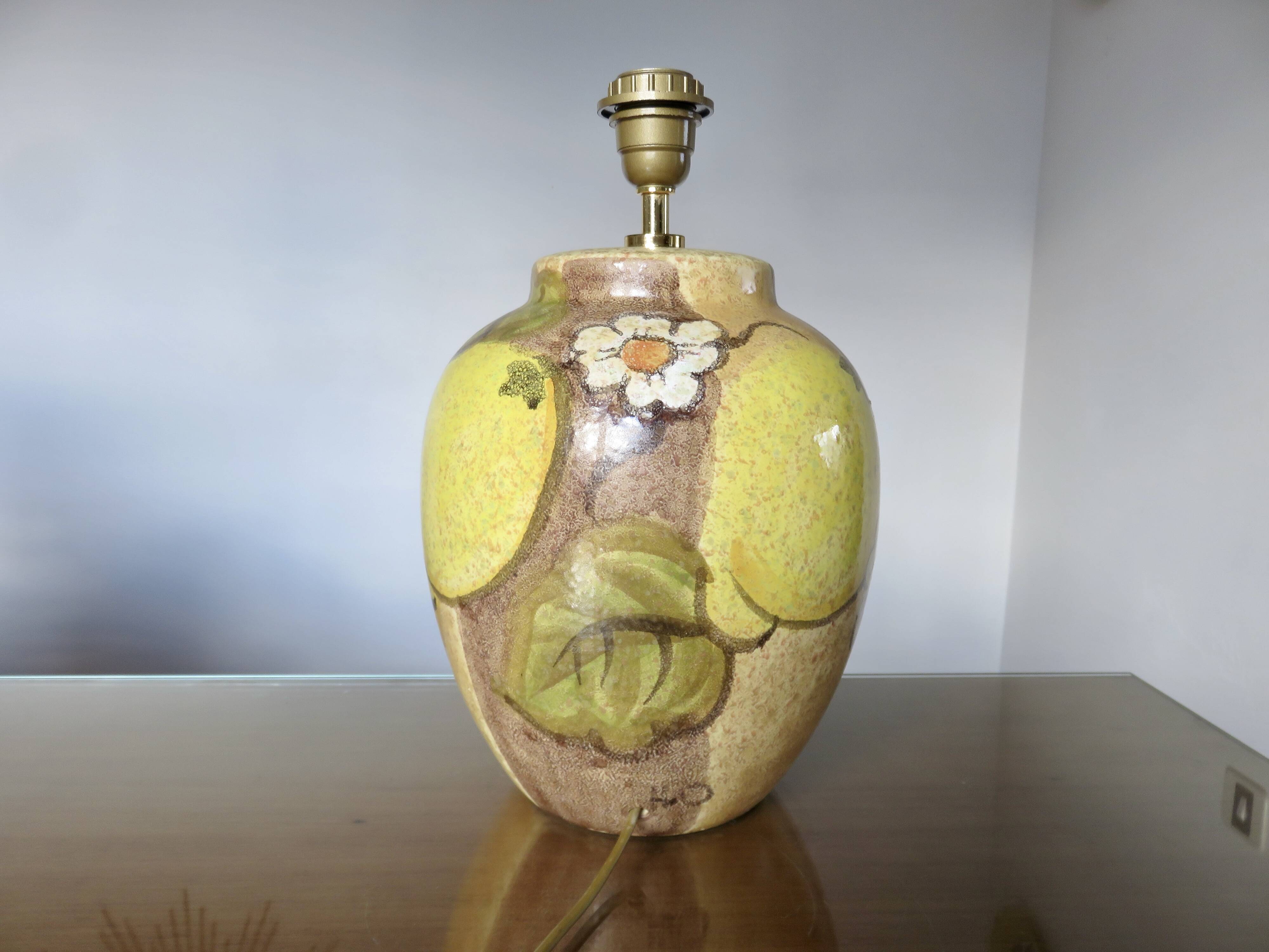 Hubert Olivier ceramic lamp with floral decoration, 1980.