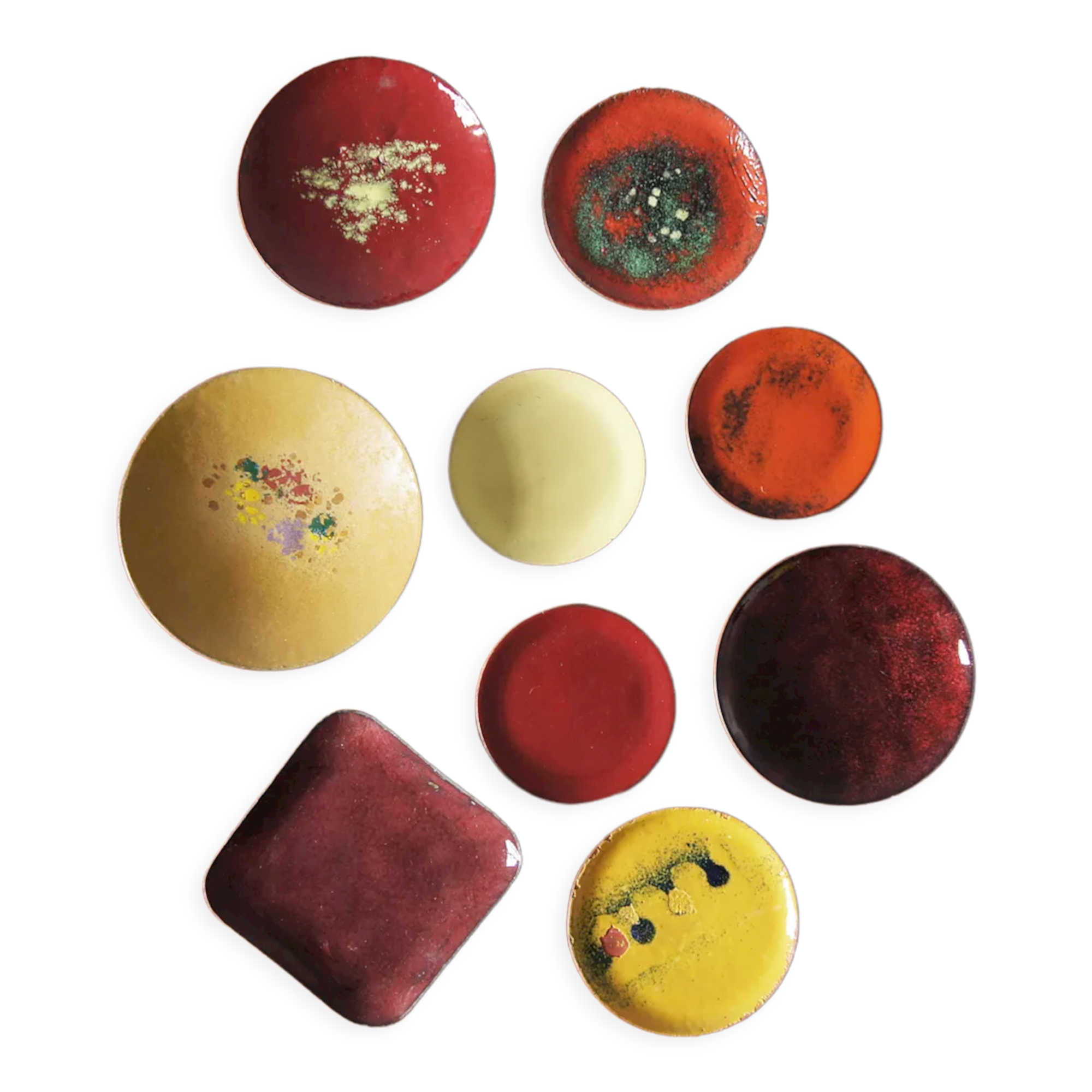 Vintage Brass & Enameled Plates, Set of 9