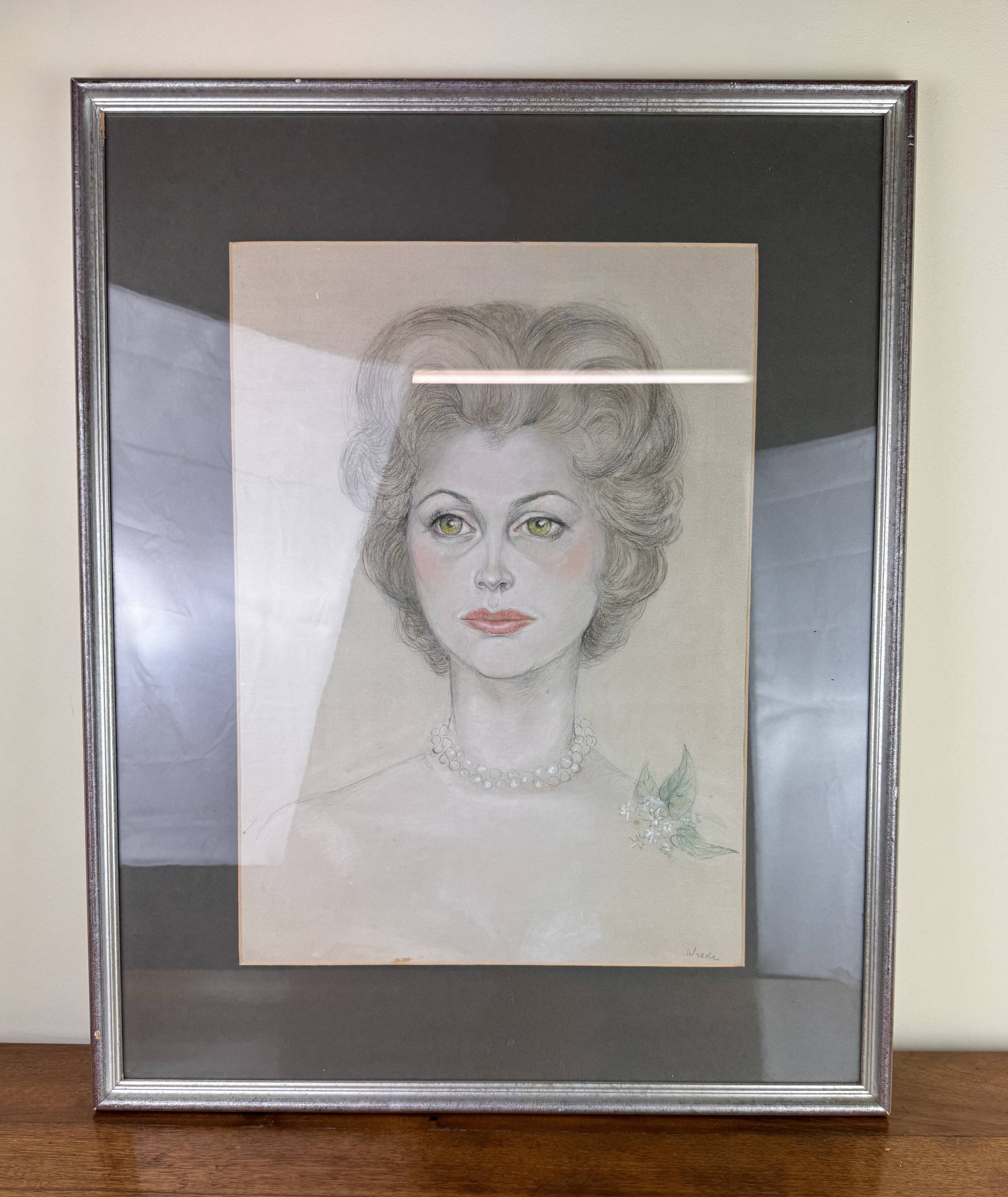 Maria Elisabeth Wrede: superb colorized drawing around 1950, the woman with the pearl necklace