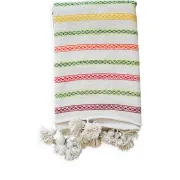 Moroccan plaid made of handwoven wool, decorated with stripes and pom poms.