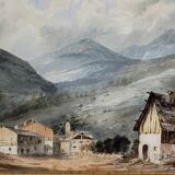 Charming late 19th-century watercolor depicting a peaceful mountain village