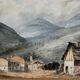 Charming late 19th-century watercolor depicting a peaceful mountain village