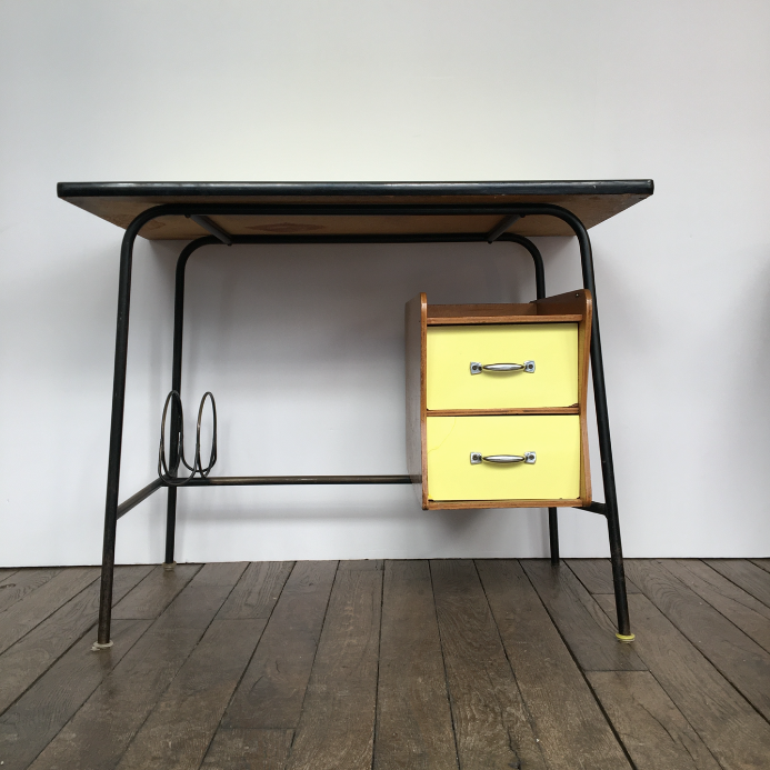 bureau vintage en bois métal et formica jaune