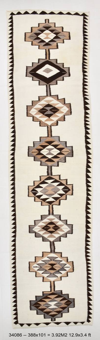 Off White & Brown Tribal Kilim Runner Rug, 101x388Cm