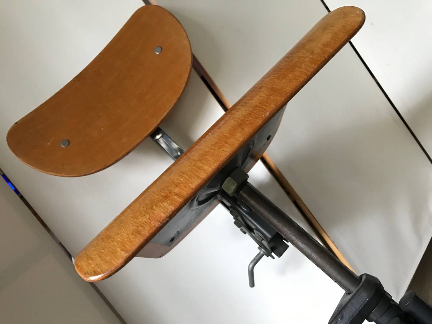 Vintage industrial workshop chair/stool in wood and metal