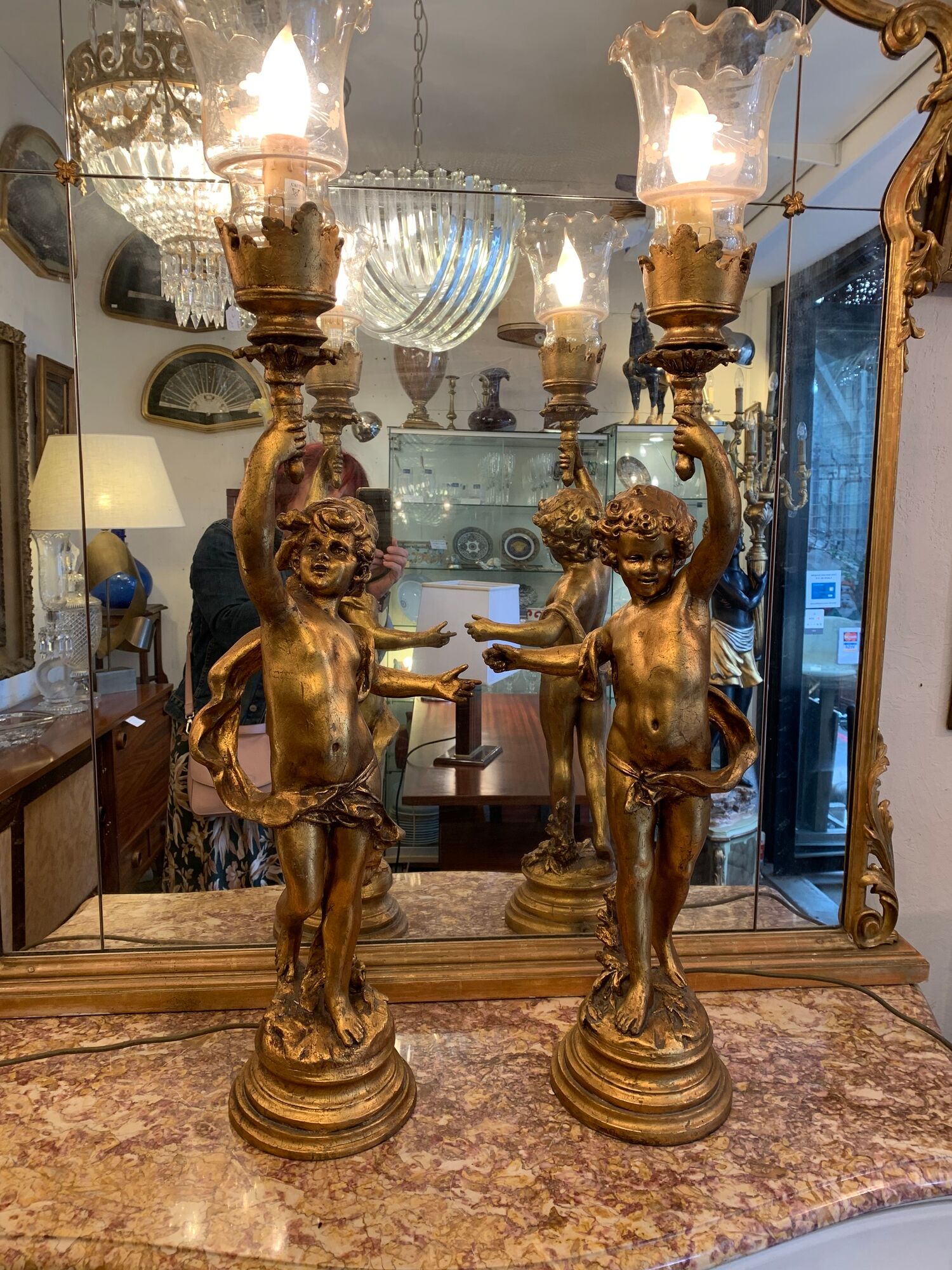 Pair of gilded wooden lamps from the 1960s