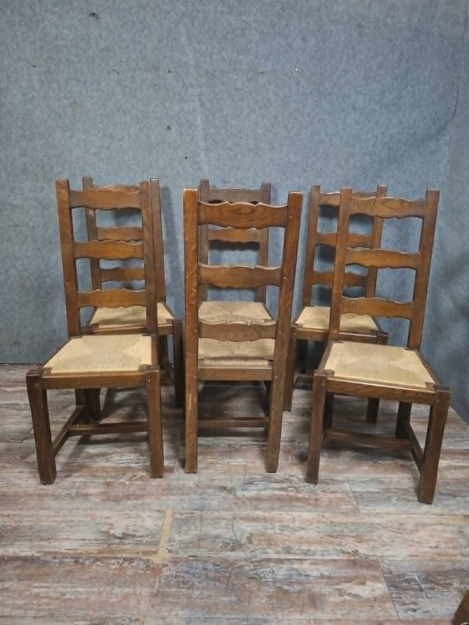 Set of six rustic chairs in natural wood, regional French craftsmanship.