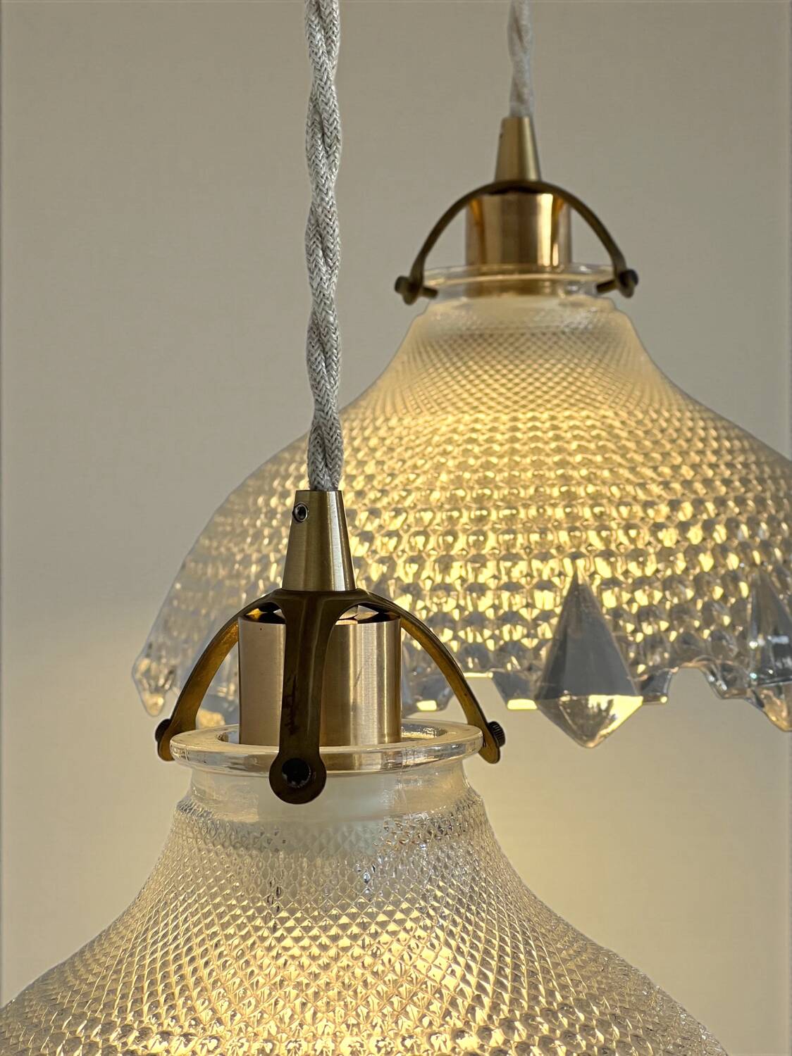 Triple pendant light with Holophanes and vintage tulips