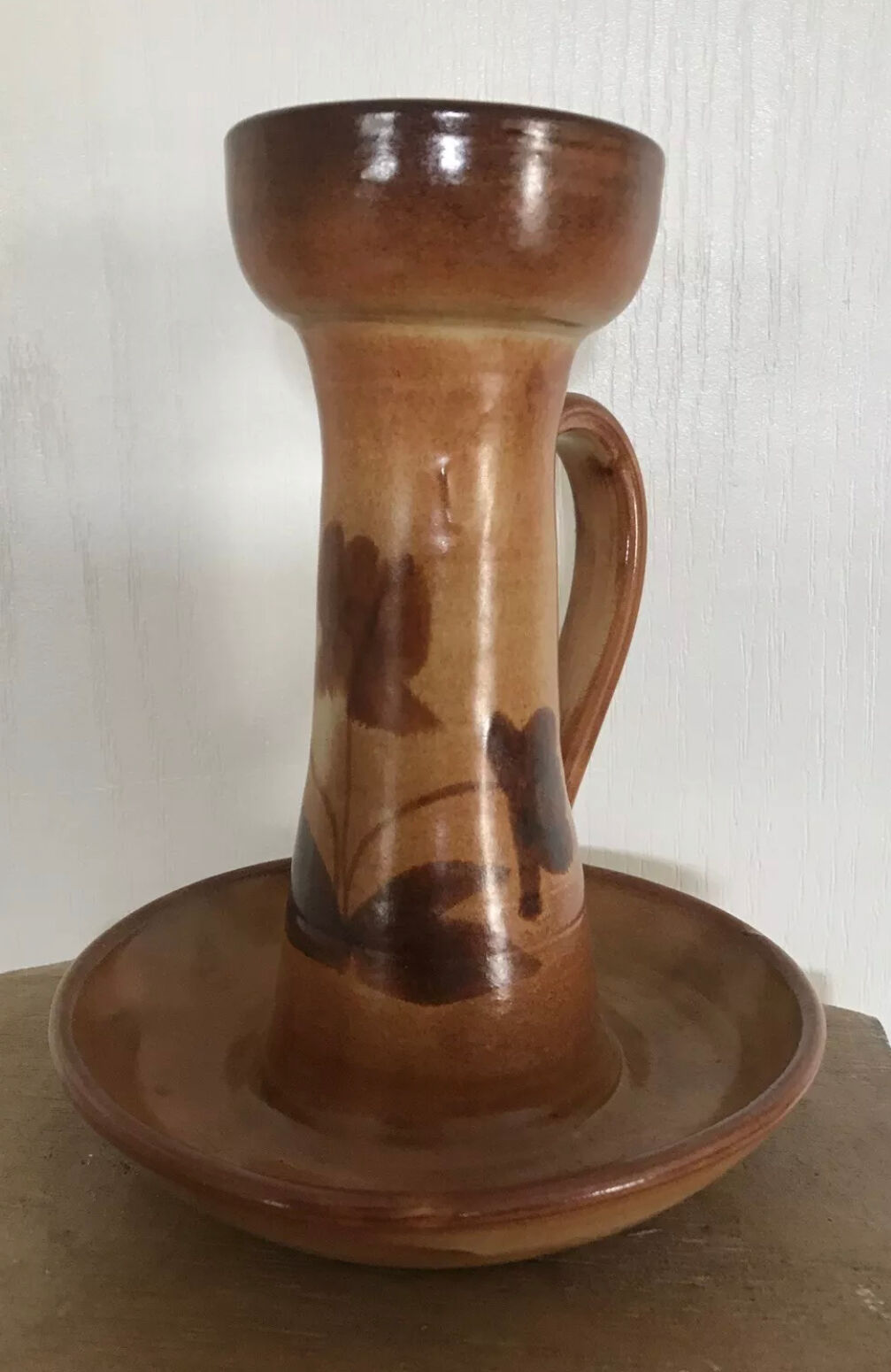 Vintage candle holder in glazed terracotta floral paint decoration