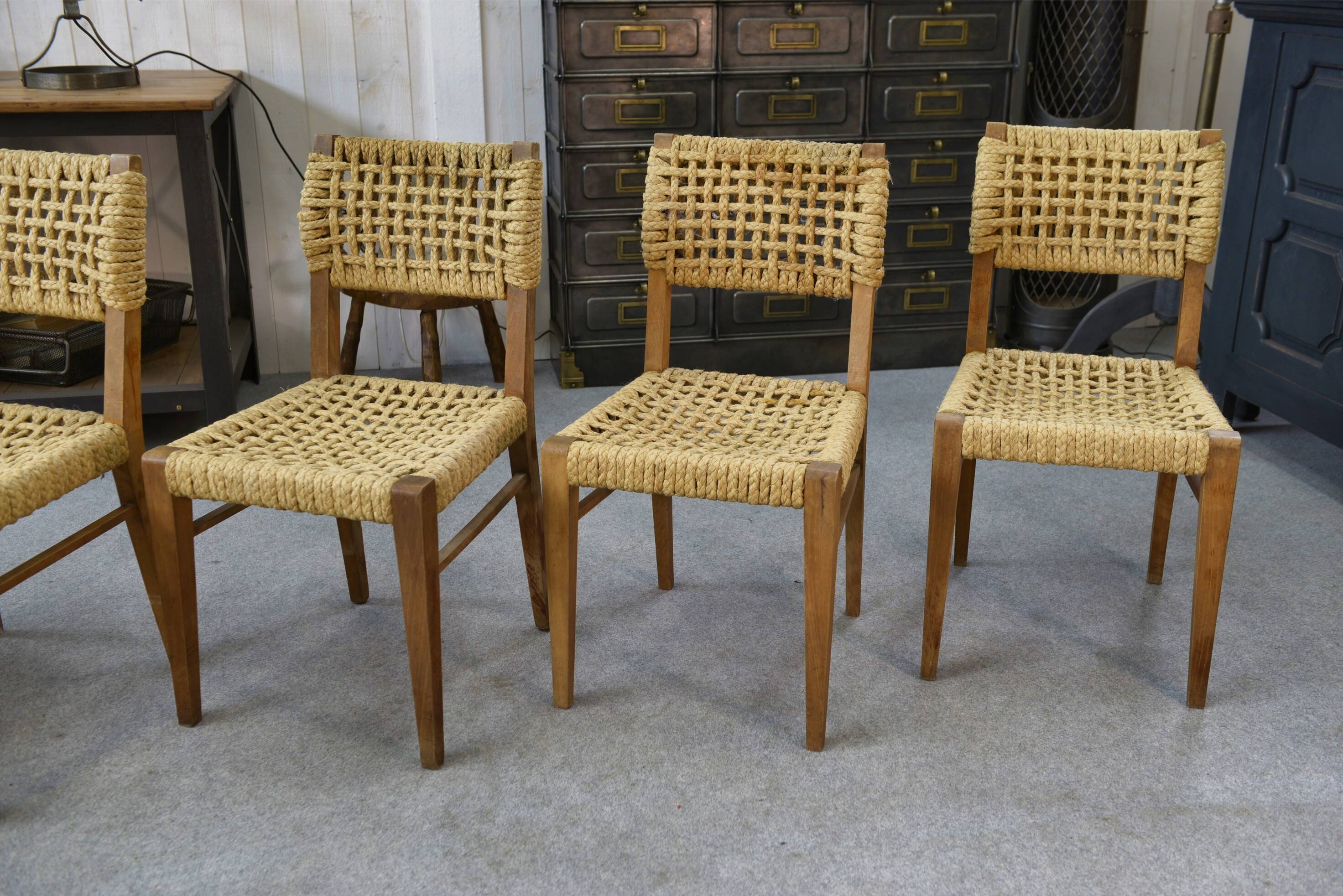 Set of 6 woven rope chairs by Adrien Audoux & Frida Minet for Vibo Versoul 1940's