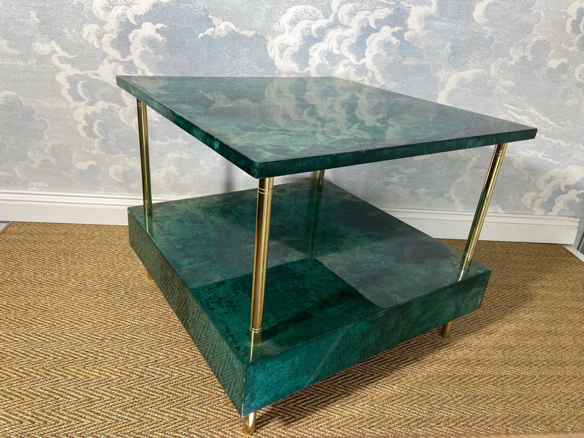 Aldo Tura side table in aqua green with brass legs and lower drawer.