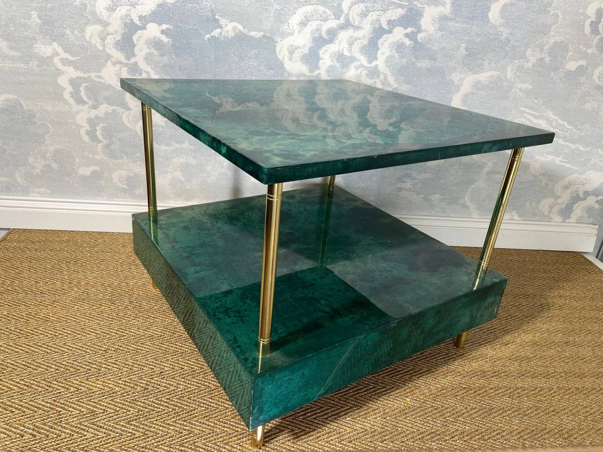 Aldo Tura side table in aqua green with brass legs and lower drawer.