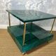 Aldo Tura side table in aqua green with brass legs and lower drawer.
