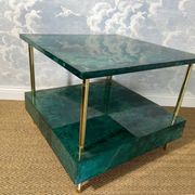 Aldo Tura side table in aqua green with brass legs and lower drawer.