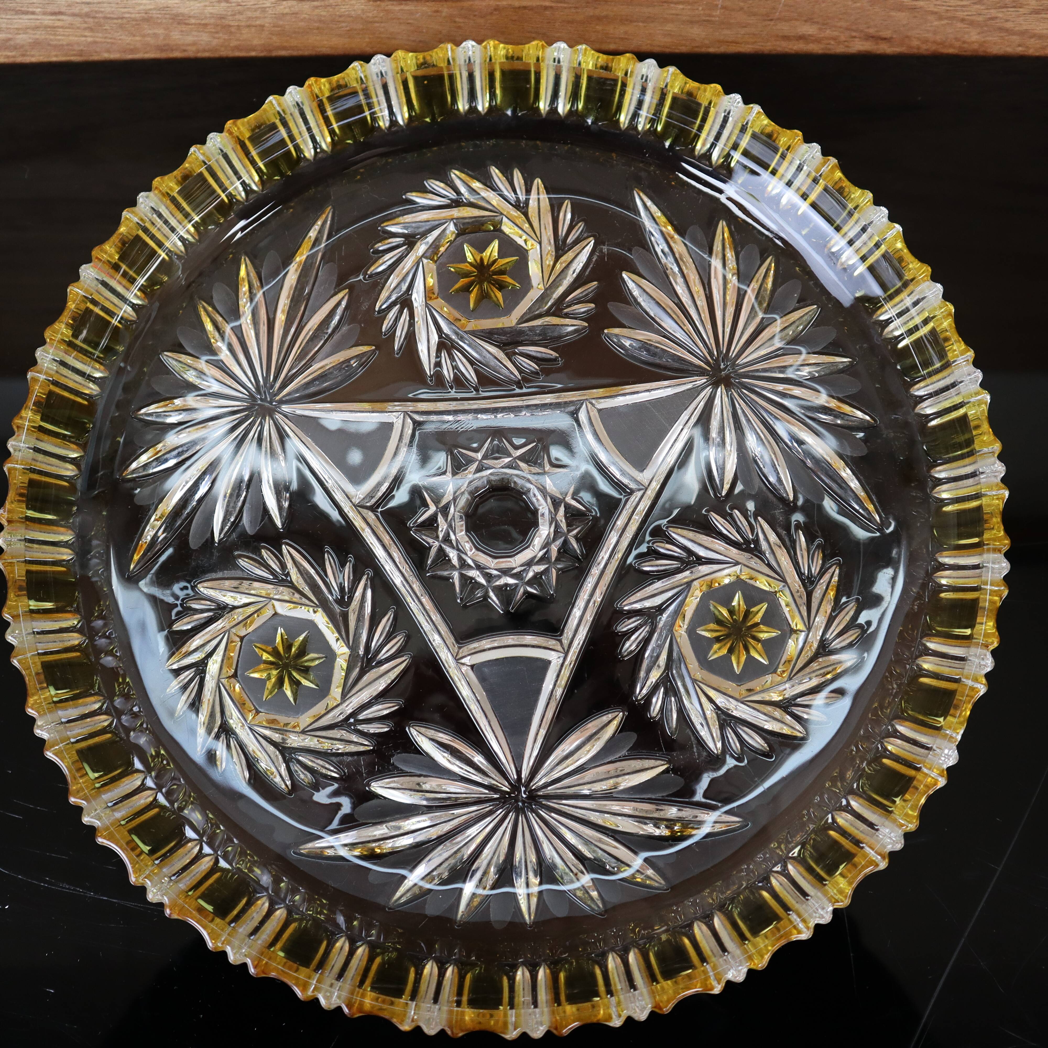Walther Glas Bohemian crystal dish with yellow and flower pattern