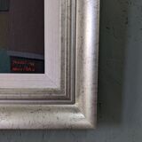 Style moderniste contemporain suédois « Maisons à minuit » Peinture à l’huile encadrée de scène de rue, 1998