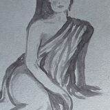 Signed watercolor painting on Denim paper portrait of a woman “waiting for the bath”