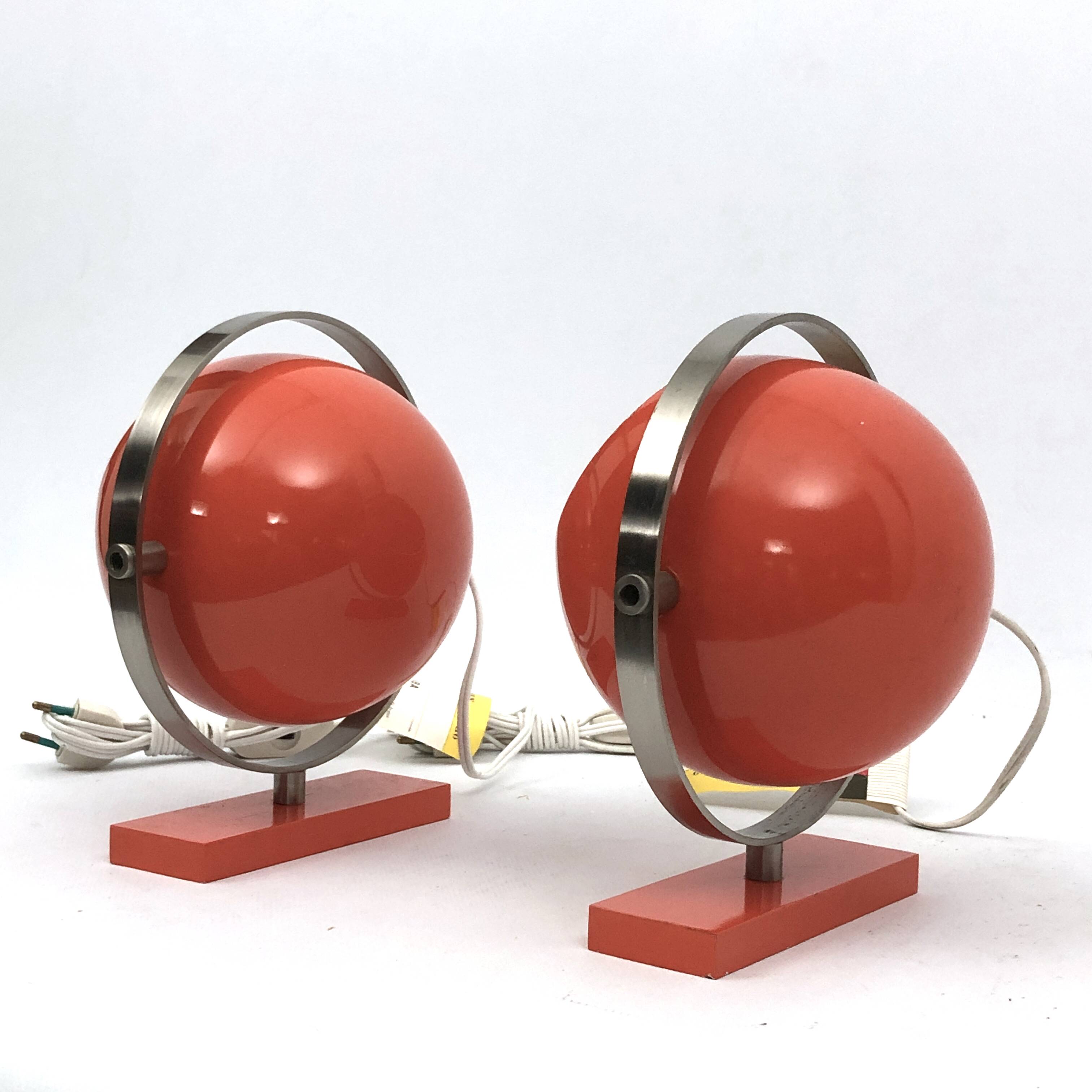 Stilux Milano model Saba, orange globe table lamps from 60s. Set of two