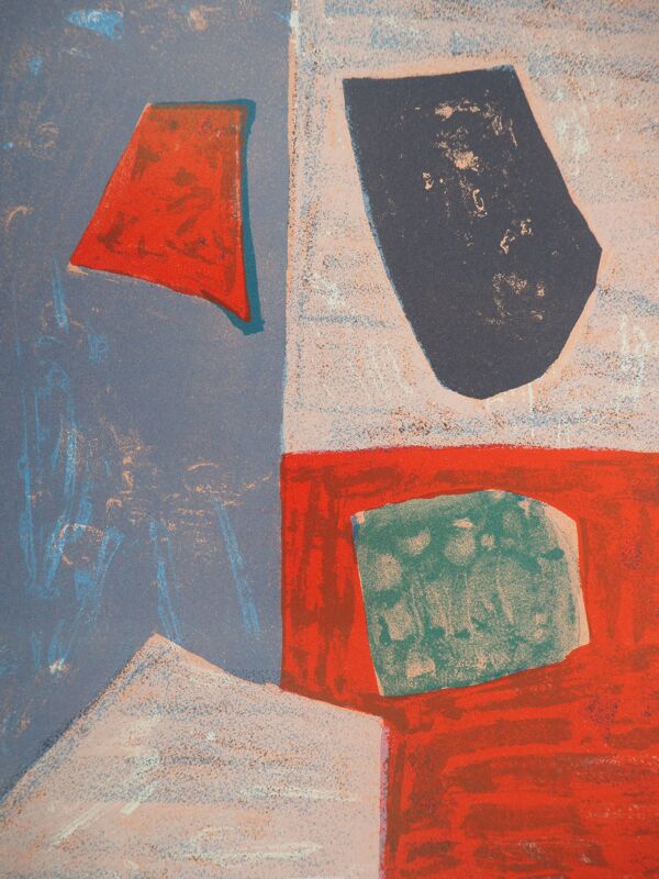 Serge poliakoff : composition rose et rouge - lithographie originale