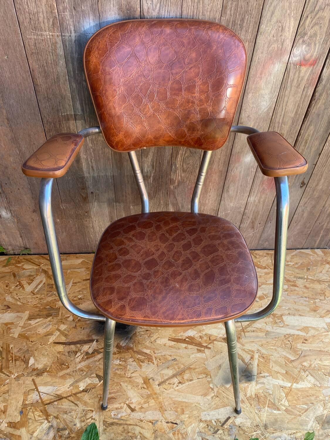 Antique Chrome Metal Armchair + Crocodile Brown Leatherette Seat & Back #C5
