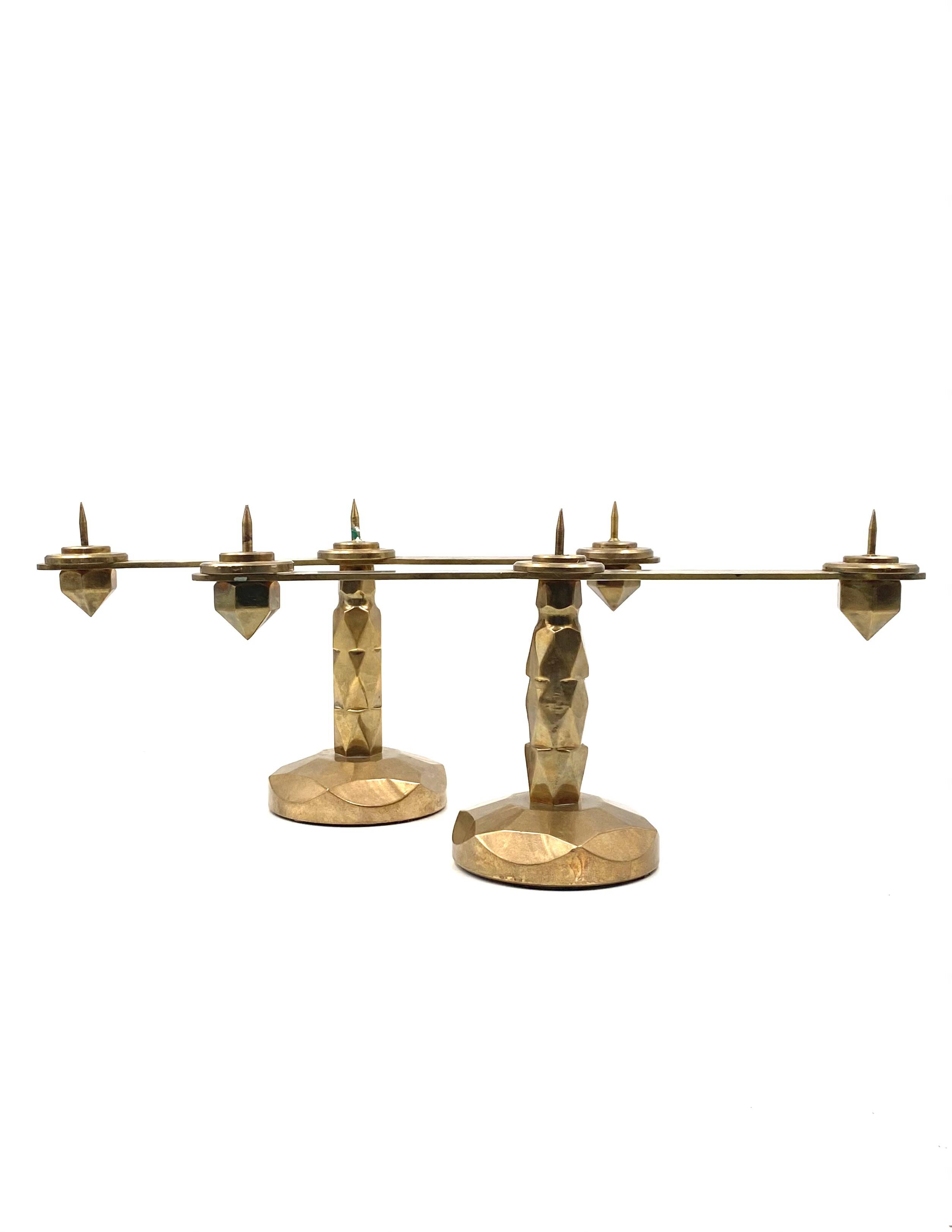 Brutalist brass pair of candle holders, France 1970