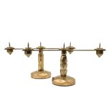 Brutalist brass pair of candle holders, France 1970