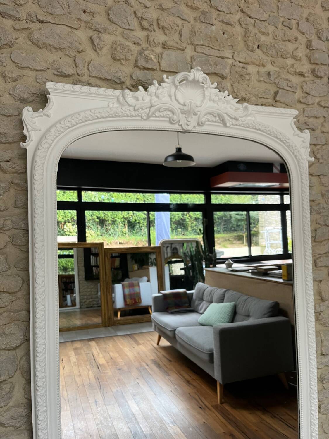 Antique white mirror 218.5cm/123.5cm Napoleon III period fireplace mirror