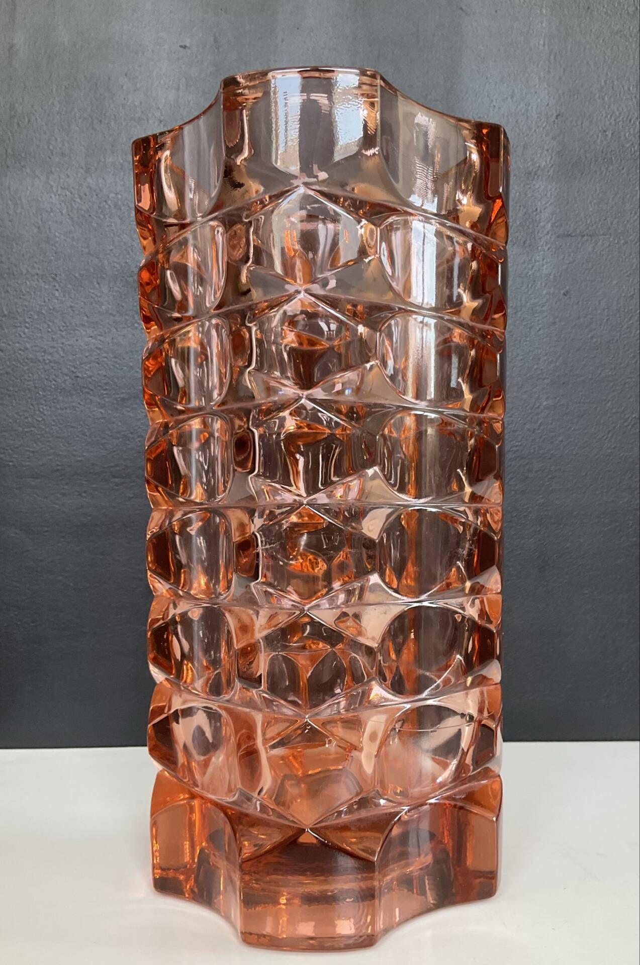 Large Art Deco vase in moulded pink Rosaline glass