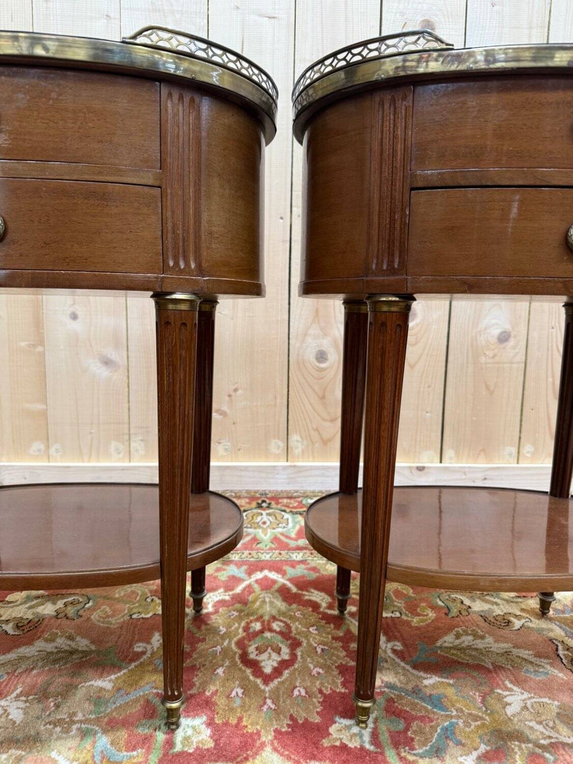 Pair of Louis XVI drum bedside tables in solid mahogany and marble.