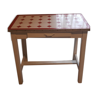 vintage desk or white side table on a red and white tiles