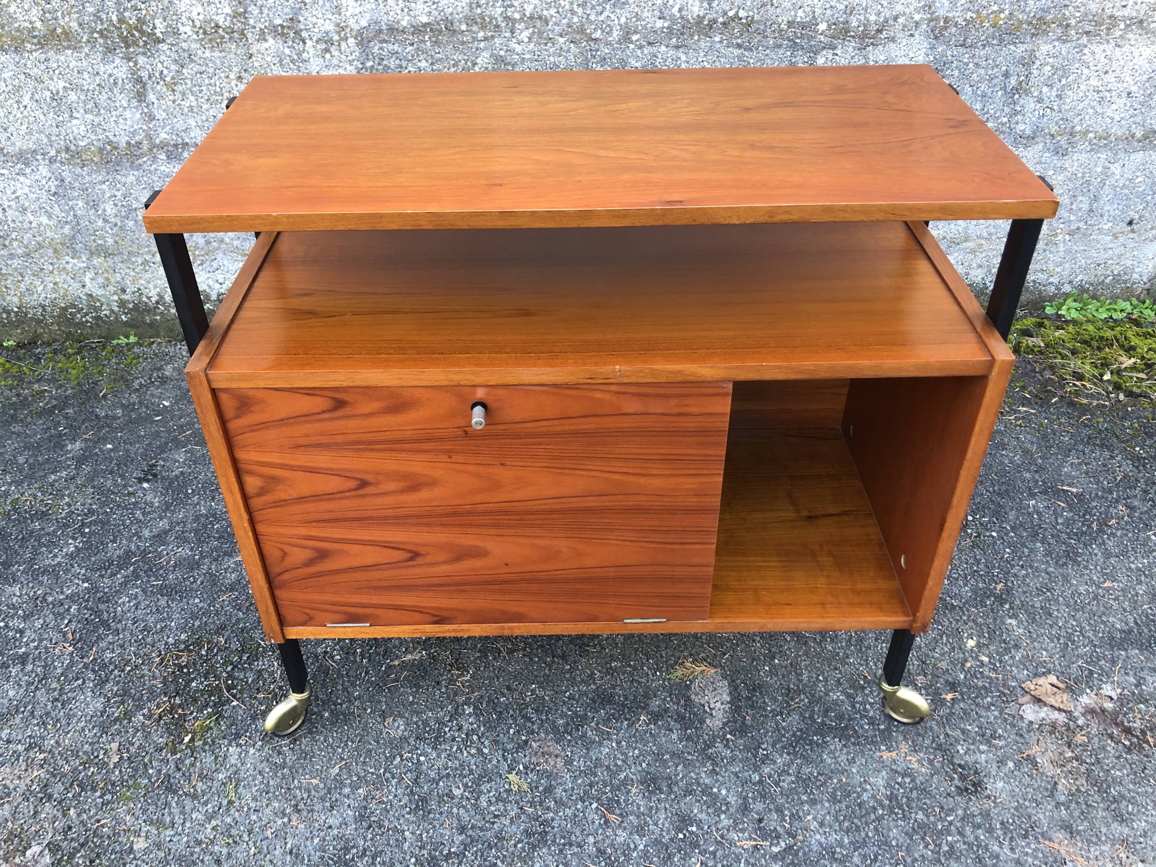 1960 wheeled furniture wood and black metal
