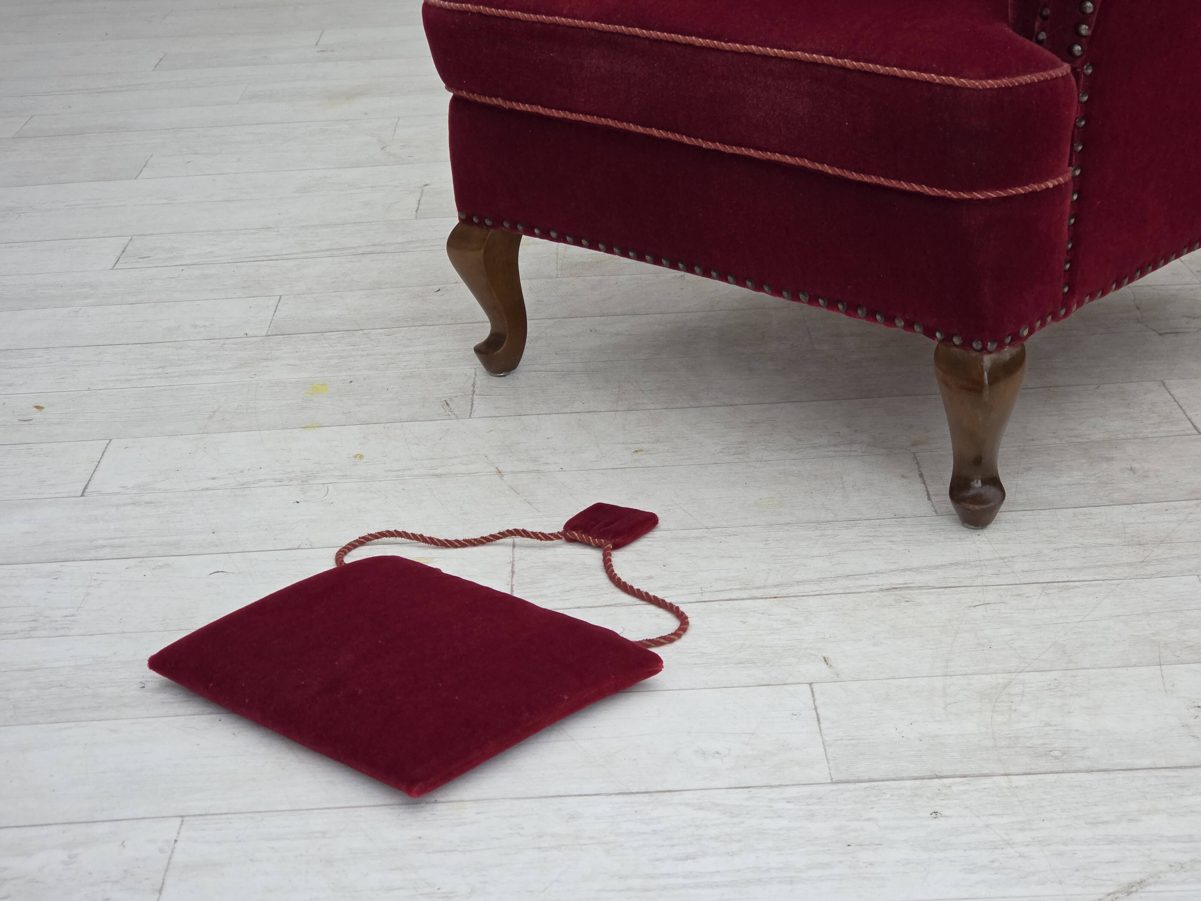 1960s, Danish highback wingback armchair, cherry-red furniture velour.