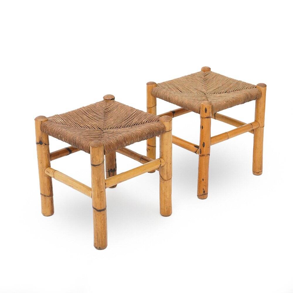 Rattan and woven straw stools, 1960s, set of 2