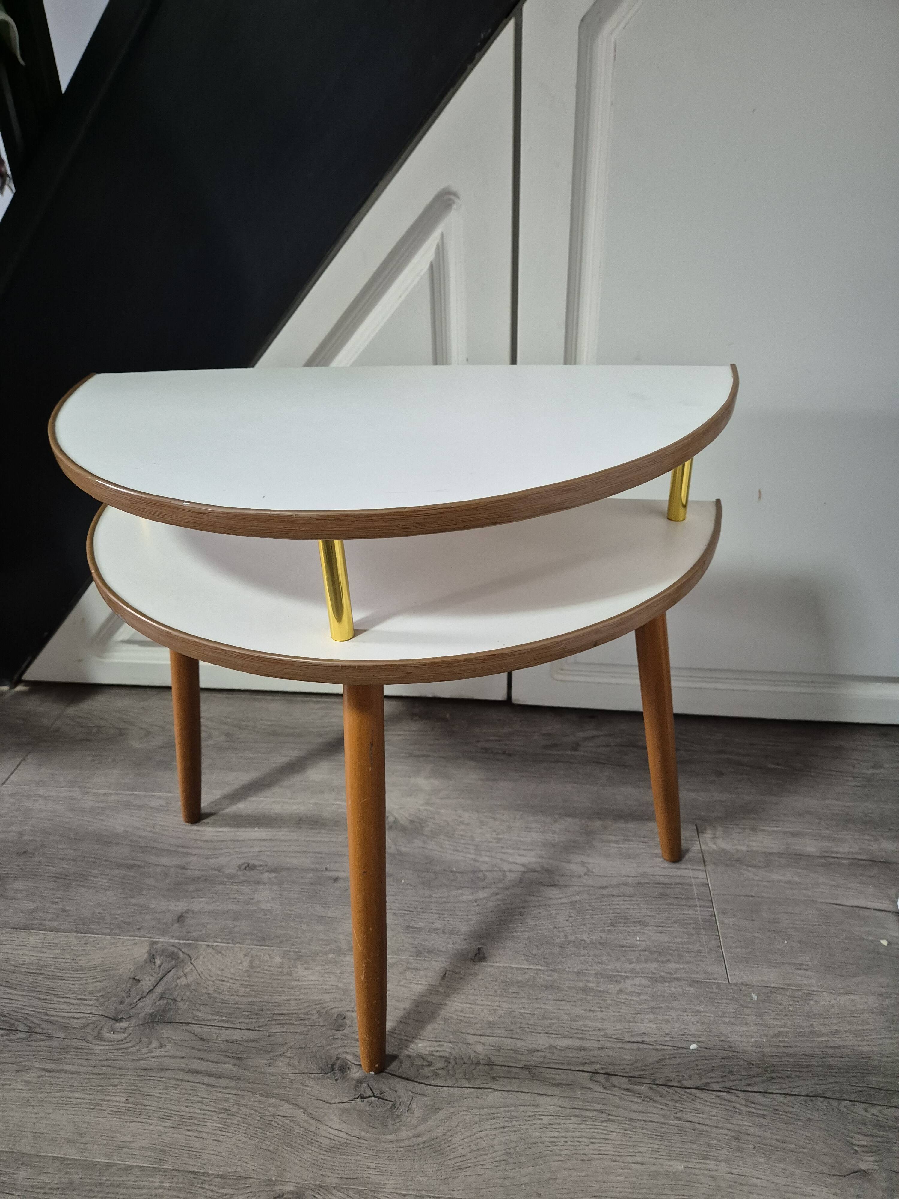 bedside or side table, vintage half circle 3 feet white trays made in England