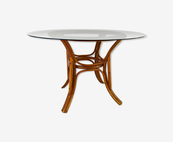 Rattan table and smoked glass top, France 70s