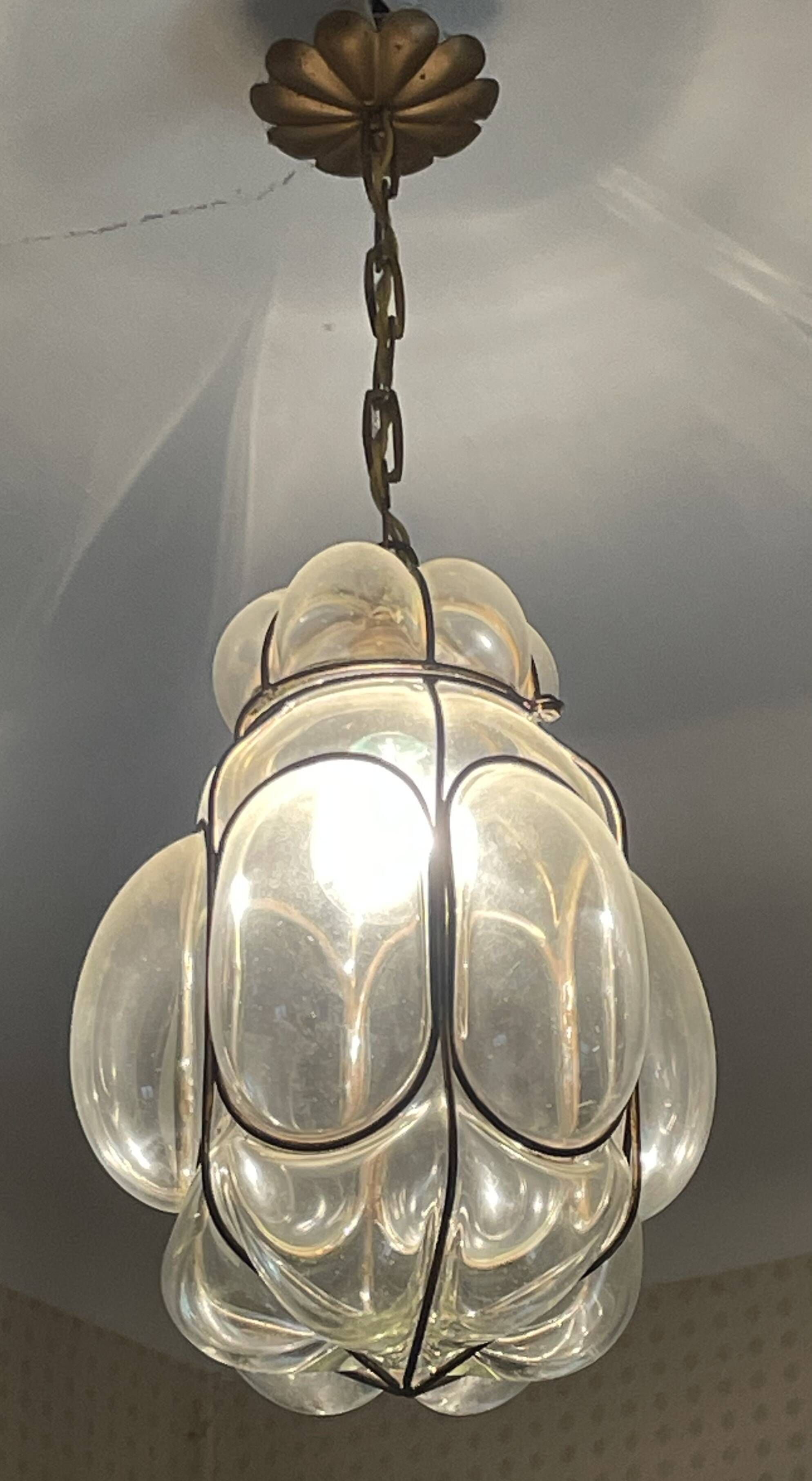 Old Venetian blown glass chandelier, Murano lighting fixture in wrought iron structure