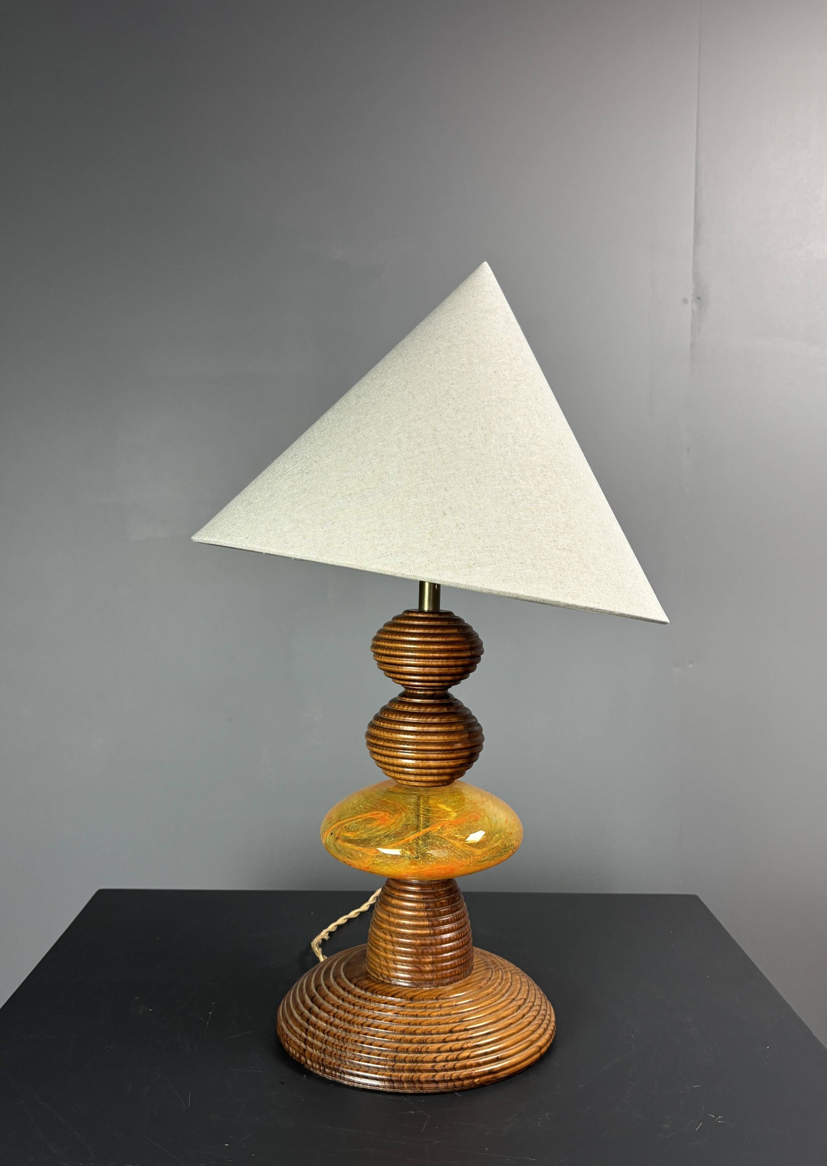 Midcentury wood turned adjustable table lamp with glass sphere, 1970s