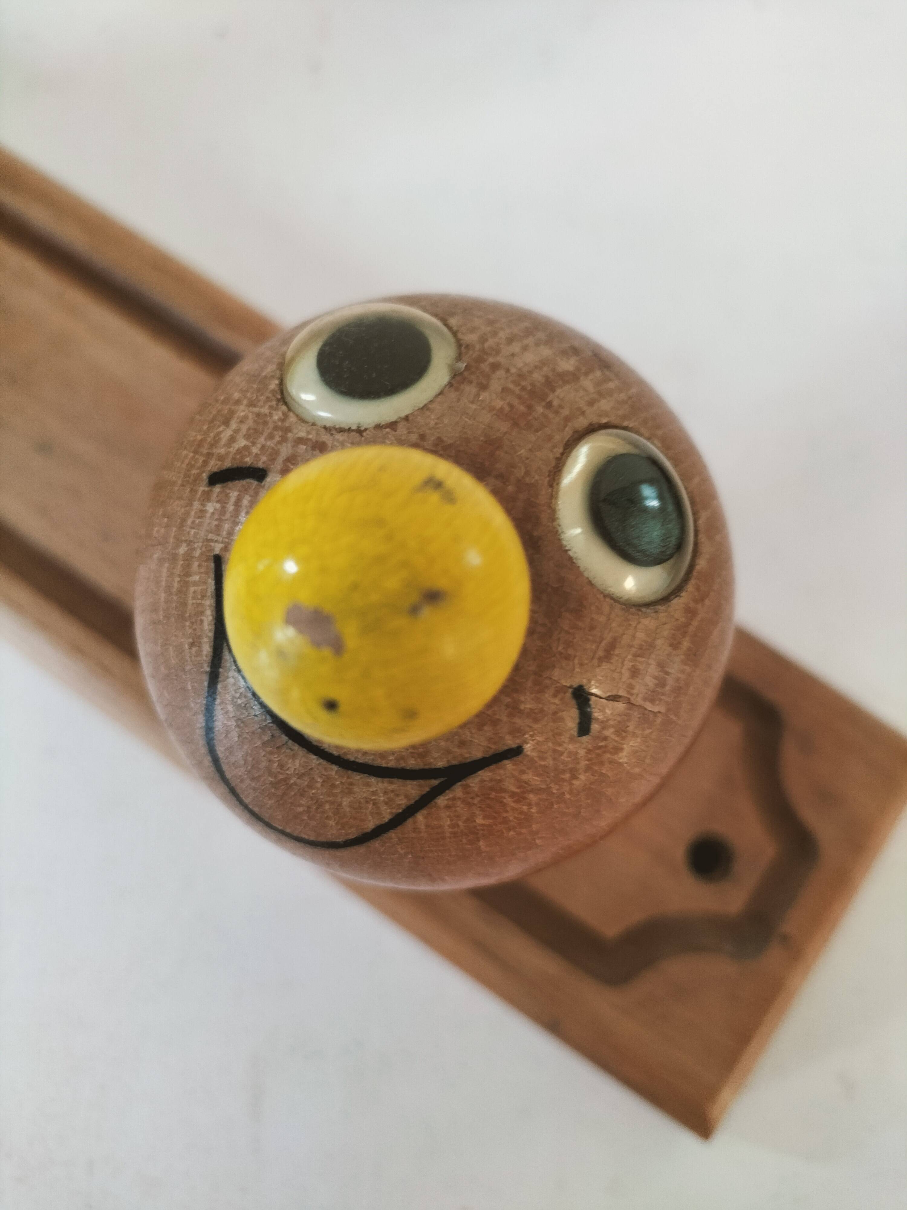 Vintage wooden children's coat rack - smiling heads hooks